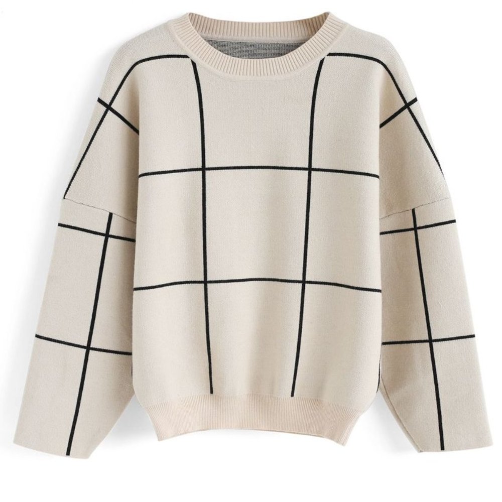 Chicwish GRID ROUND NECK SWEATER, Size M-L, 60% Wool & 40% Polyester, Grid Print